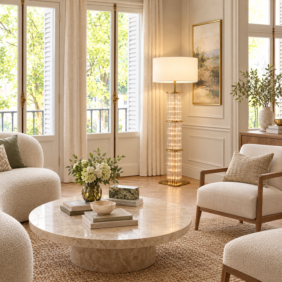Glass Rod Column Floor Lamp with Fabric Shade in a styled room setting