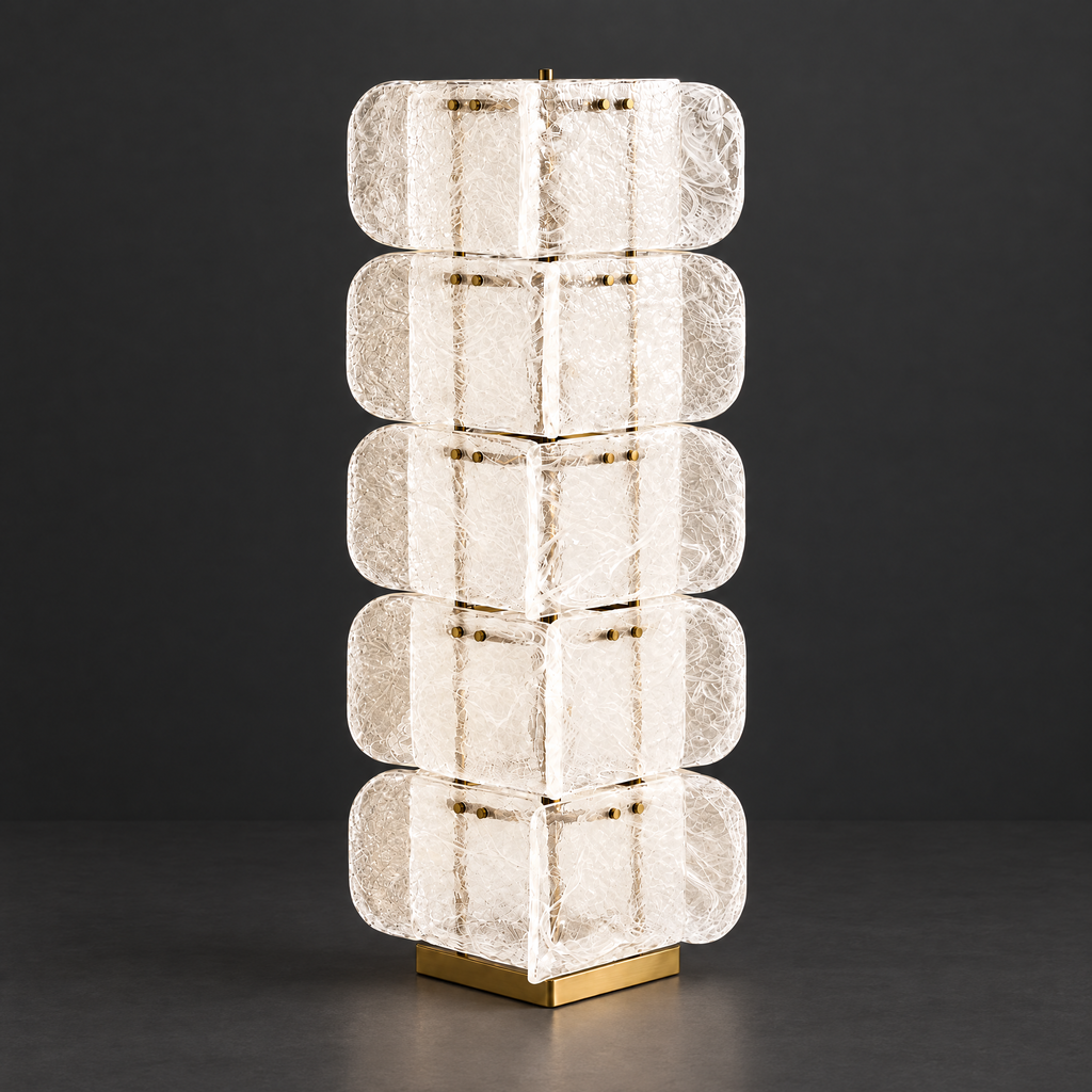 Frosted Glass Block Tower Floor Lamp on a dark charcoal grey studio backdrop