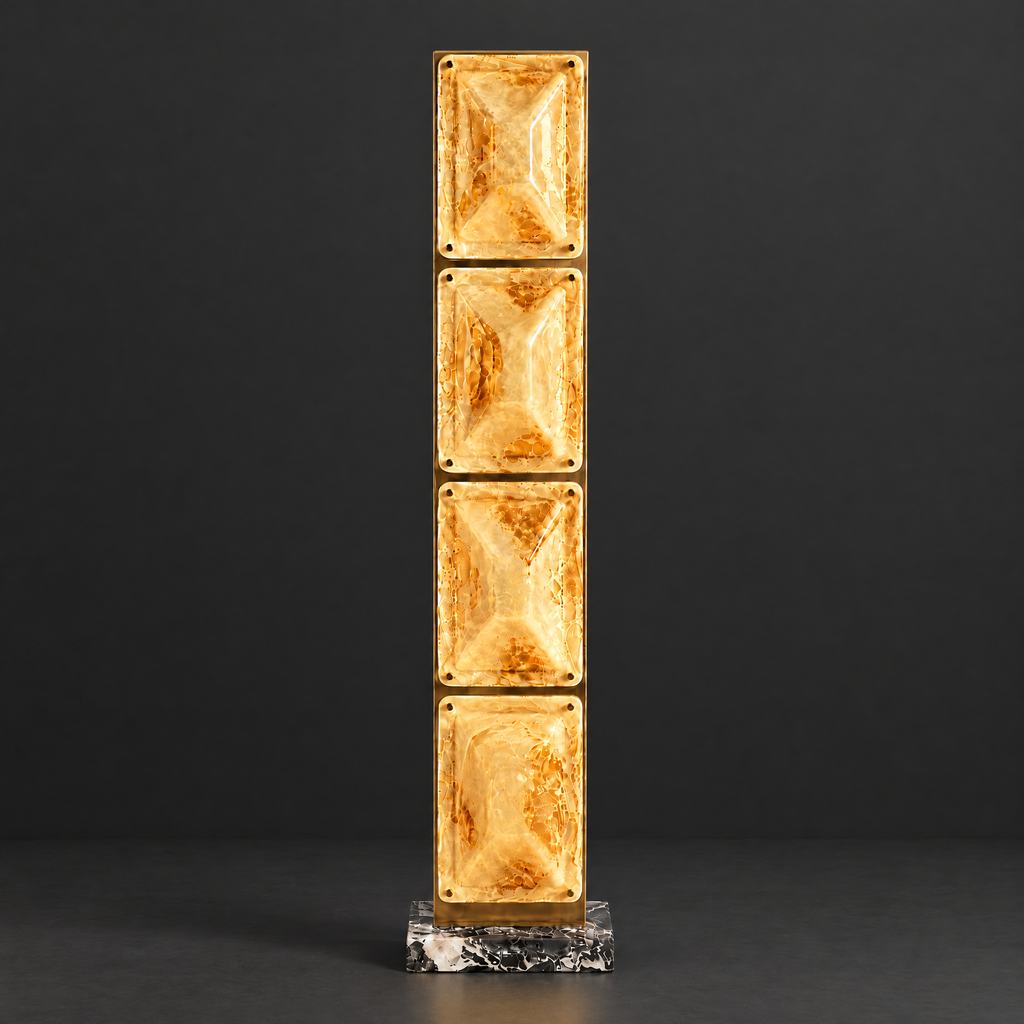 Amber Glass Panel Floor Lamp on a dark charcoal grey studio backdrop