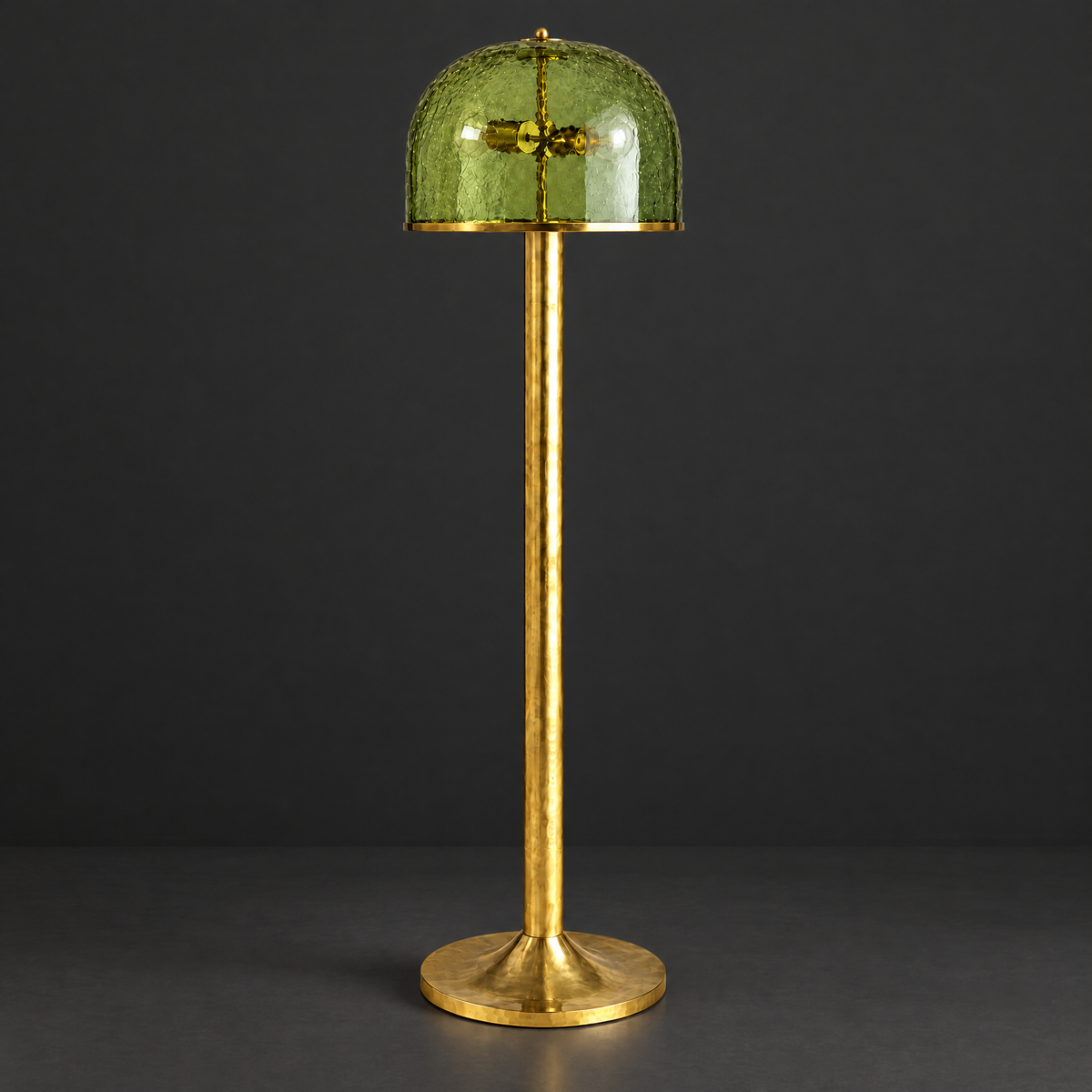 Olive Green Crackle Glass Dome Floor Lamp on a dark charcoal grey studio backdrop