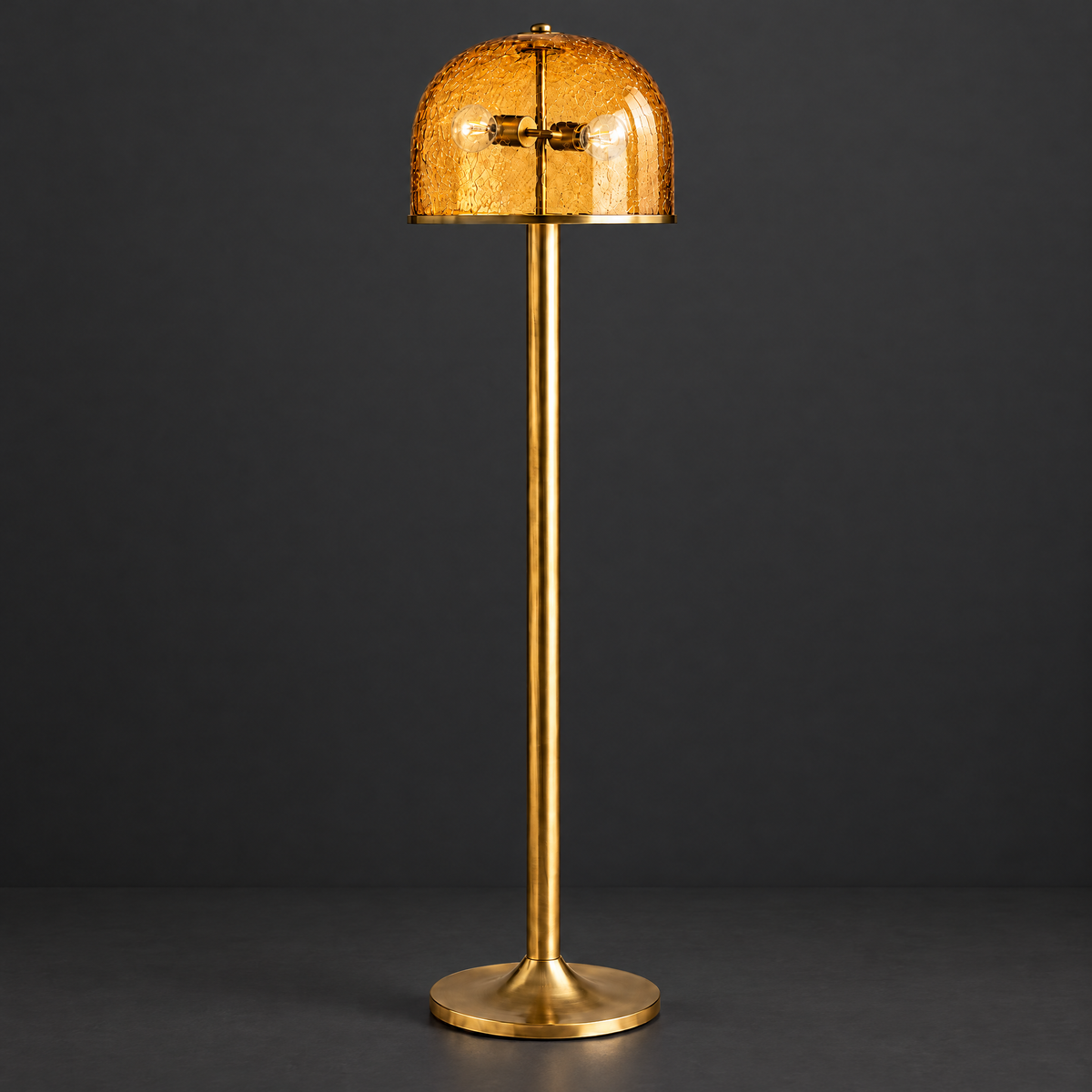 Amber Crackle Glass Dome Floor Lamp on a dark charcoal grey studio backdrop
