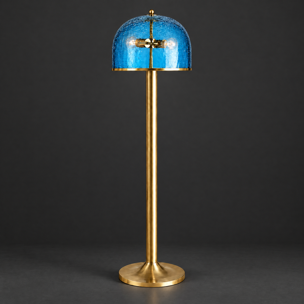 Blue Crackle Glass Dome Floor Lamp on a dark charcoal grey studio backdrop