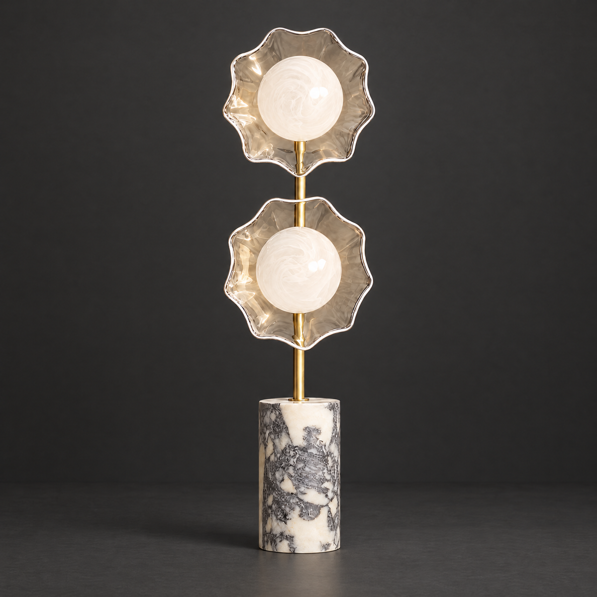 Brass Lamp with Marble Base and Glass Petal Shades on a dark charcoal grey studio backdrop