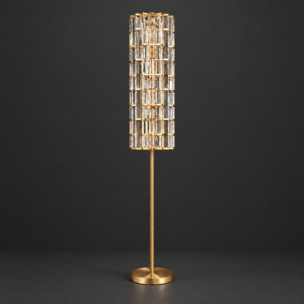 Clear Crystal Rod Floor Lamp with Gold Stem on a dark charcoal grey studio backdrop