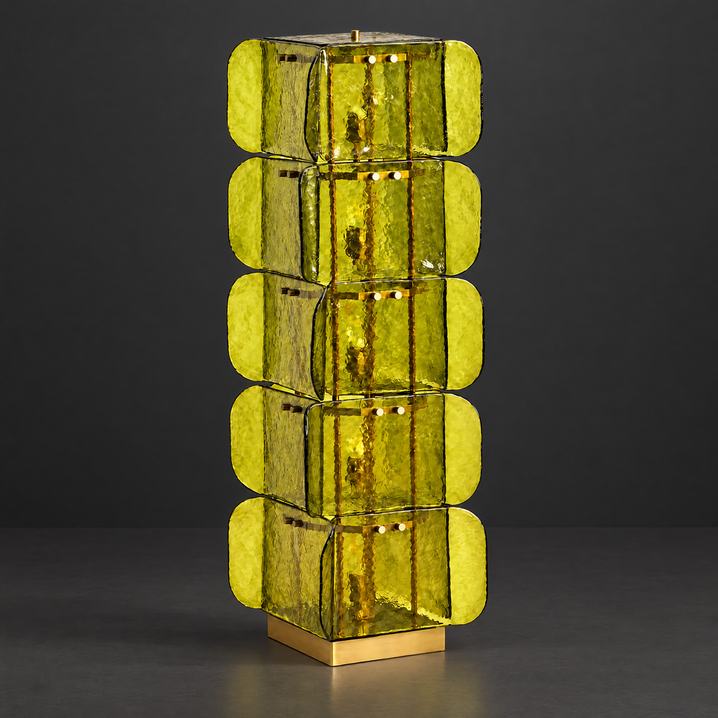 Green Hand-Blown Glass Tower Floor Lamp on a dark charcoal grey studio backdrop