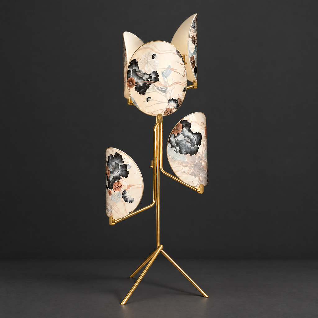 Botanical Glass Panel Tripod Floor Lamp on a dark charcoal grey studio backdrop
