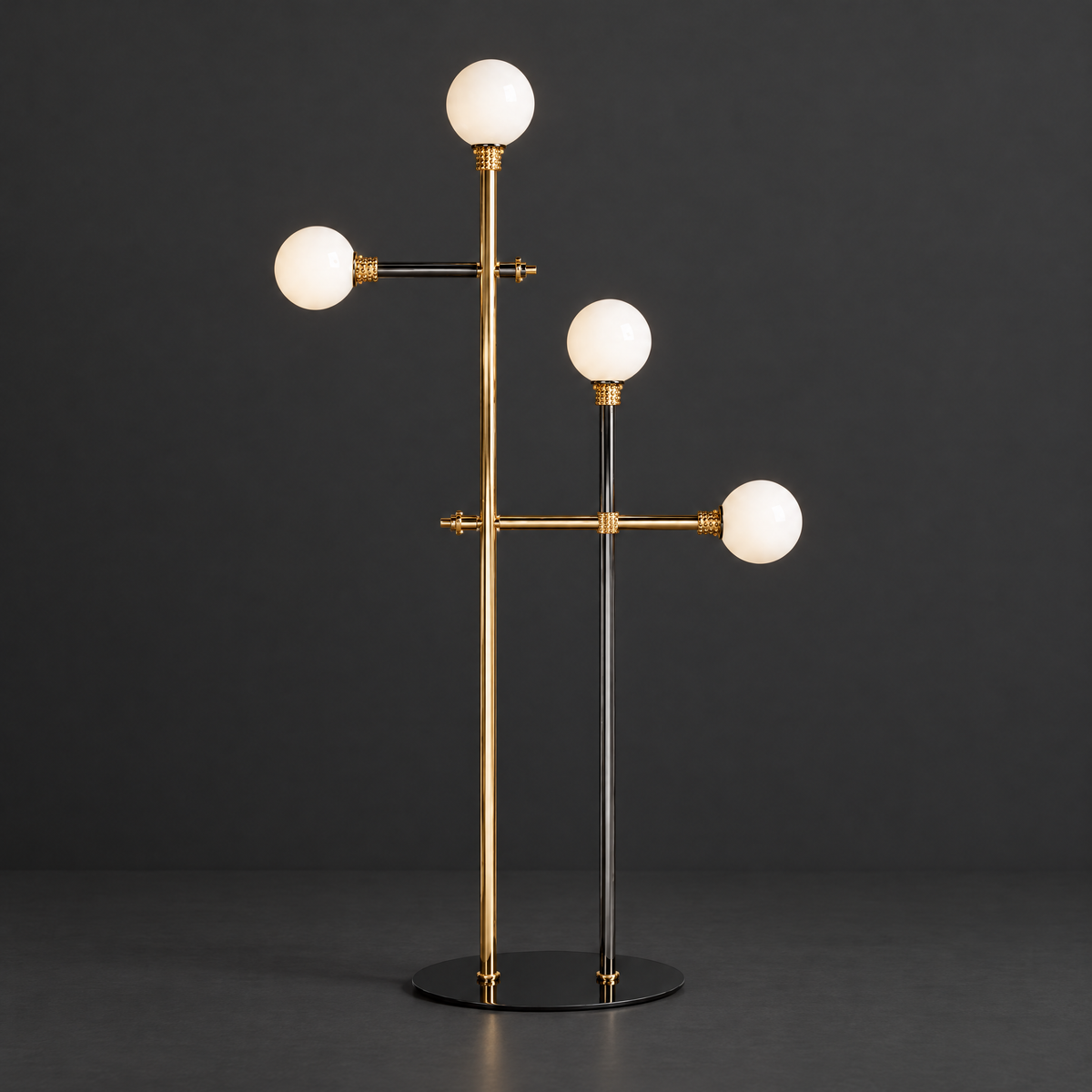 Opaline Globe Floor Lamp with Brass Arms on a dark charcoal grey studio backdrop