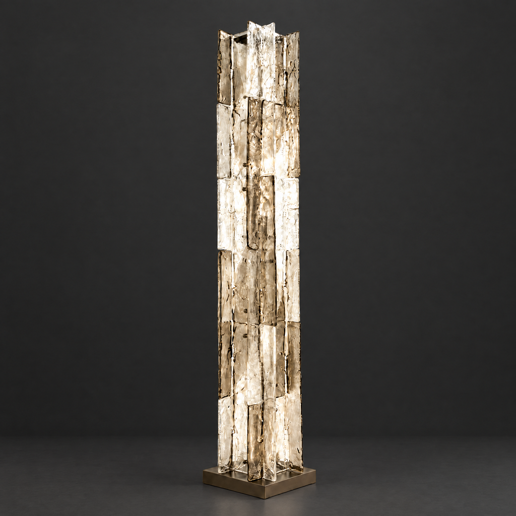 Smoked Textured Glass Column Floor Lamp on a dark charcoal grey studio backdrop