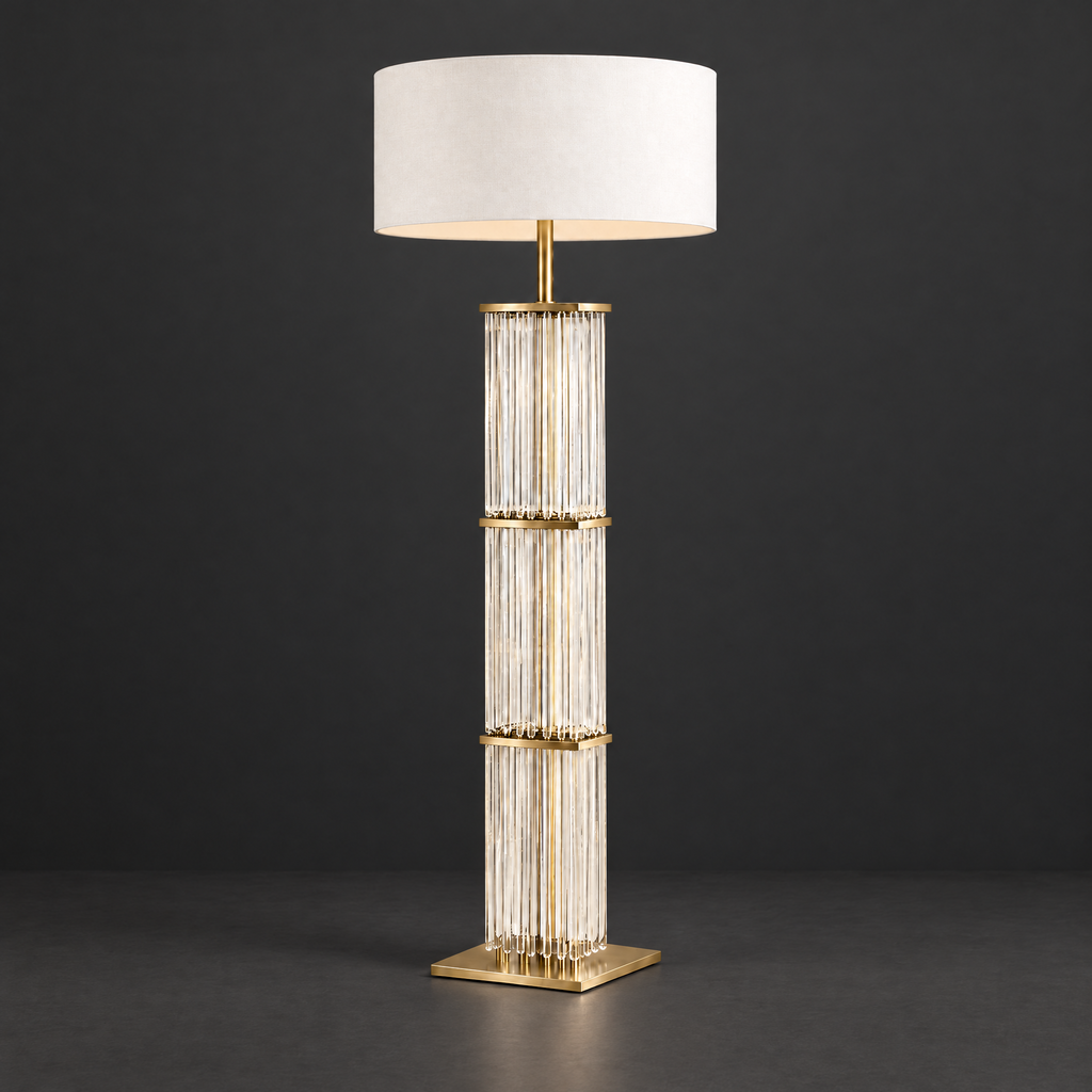 Glass Rod Column Floor Lamp with Fabric Shade on a dark charcoal grey studio backdrop