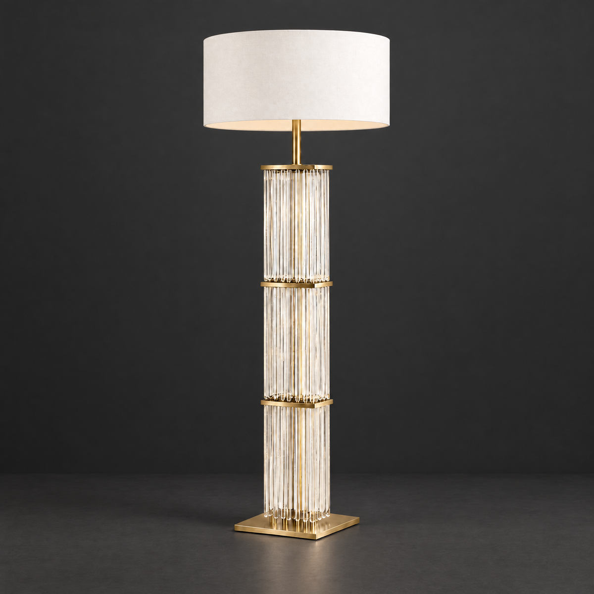 Glass Rod Column Floor Lamp with Fabric Shade on a dark charcoal grey studio backdrop