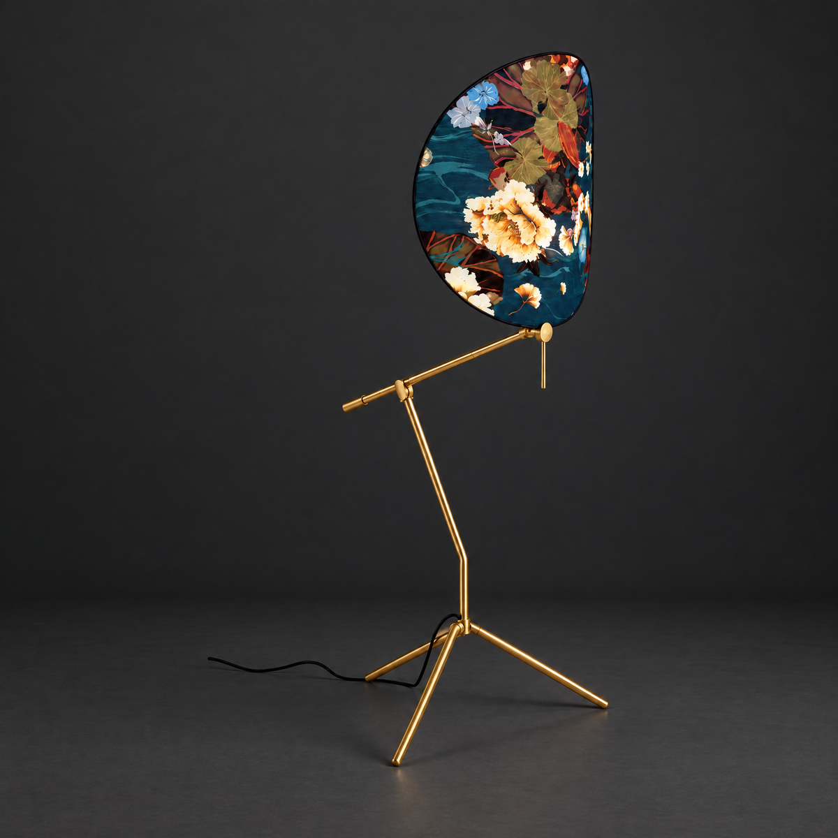 Painted Glass Shade Tripod Floor Lamp on a dark charcoal grey studio backdrop