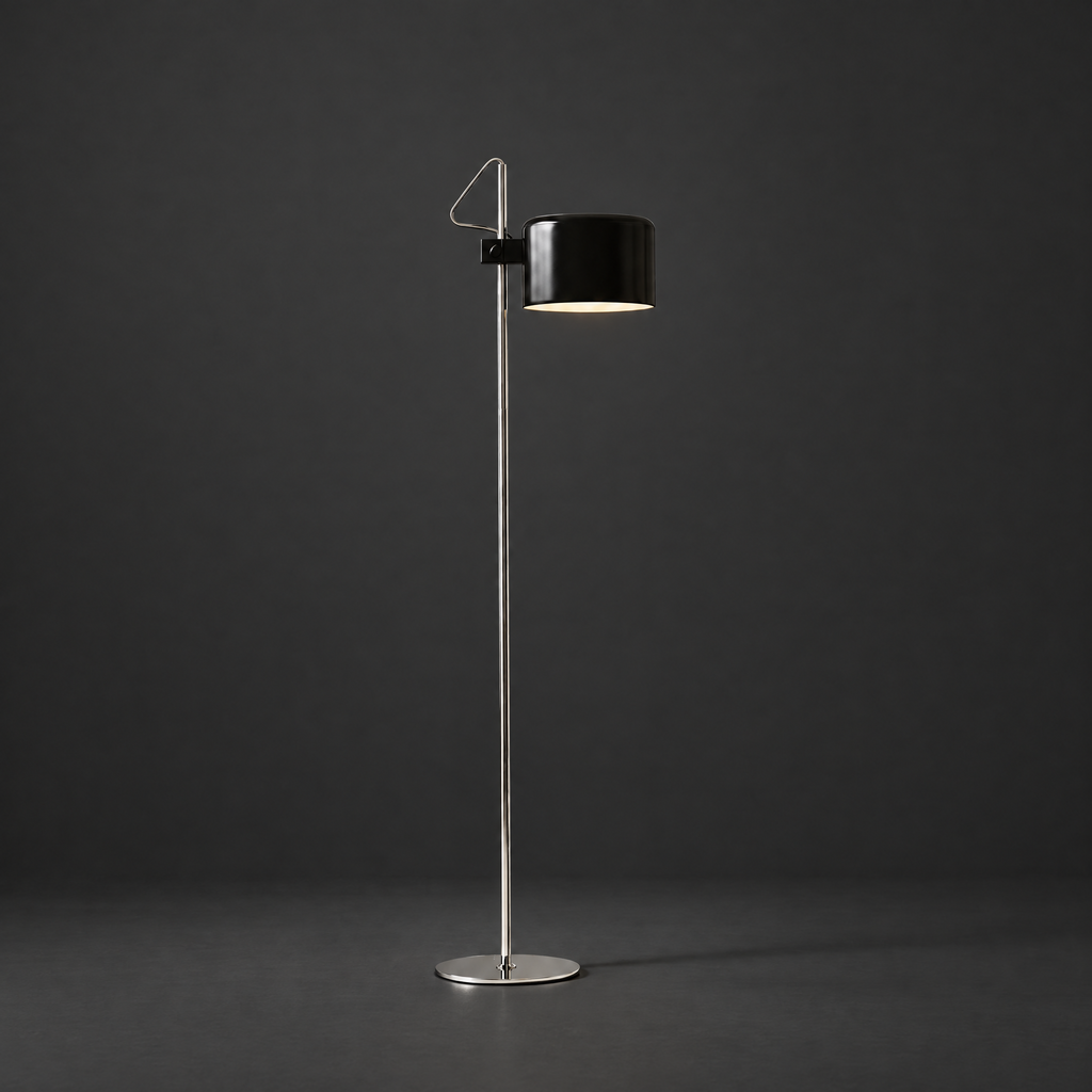 Adjustable Black Arc Floor Lamp on a dark charcoal grey studio backdrop