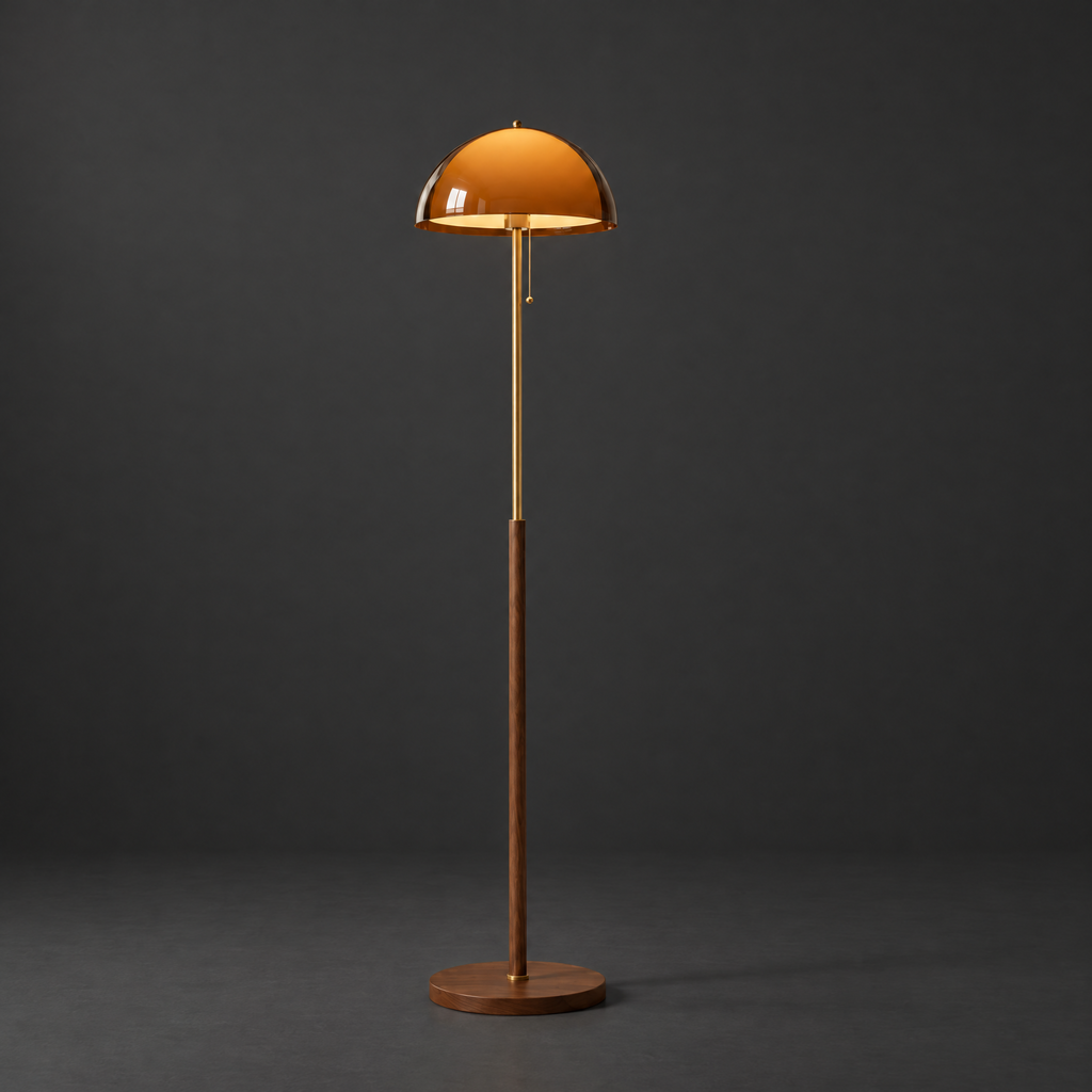 Amber Acrylic Dome Floor Lamp on a dark charcoal grey studio backdrop