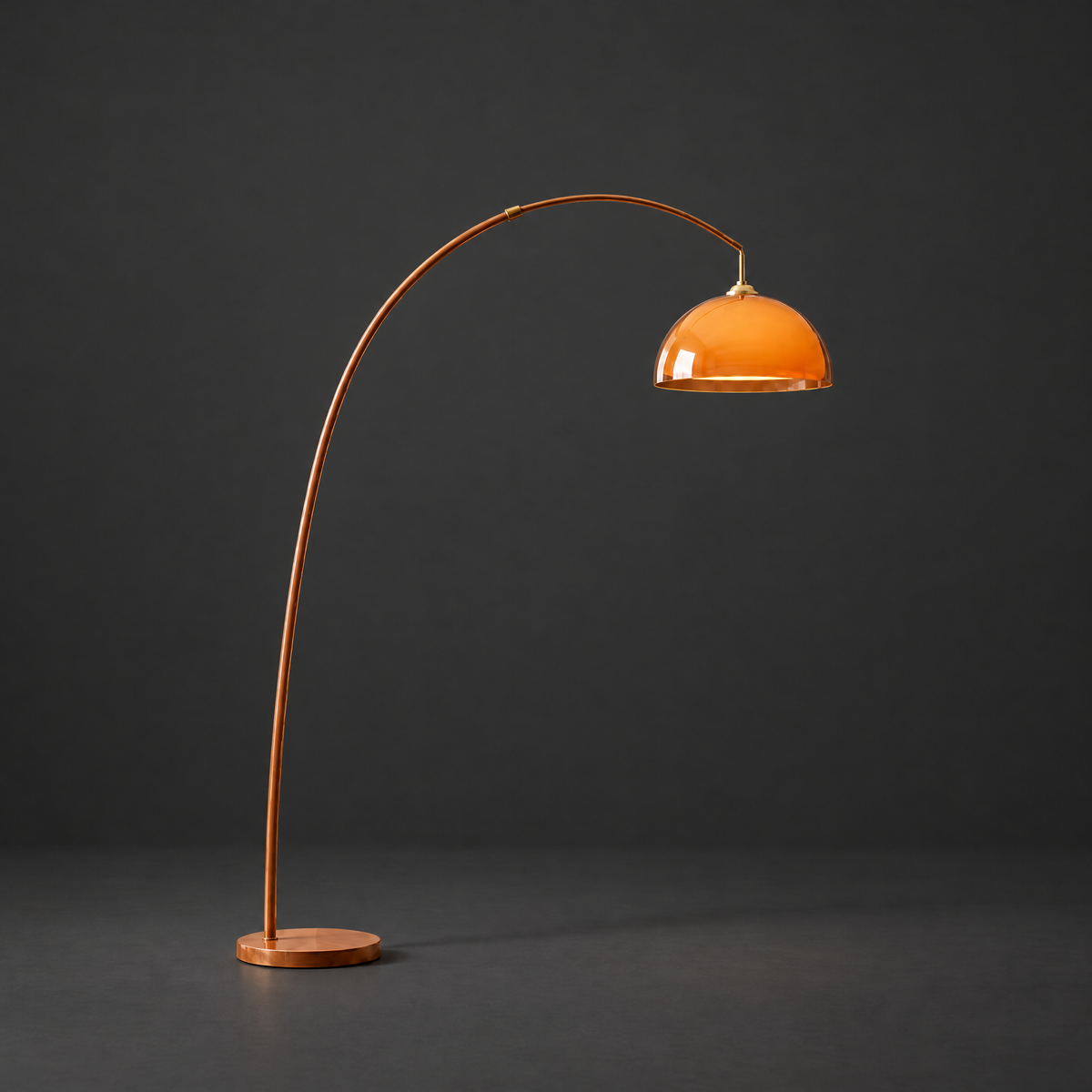 Adjustable Arc Floor Lamp with Warm Dome Shade on a dark charcoal grey studio backdrop