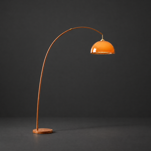 Adjustable Arc Floor Lamp with Warm Dome Shade on a dark charcoal grey studio backdrop