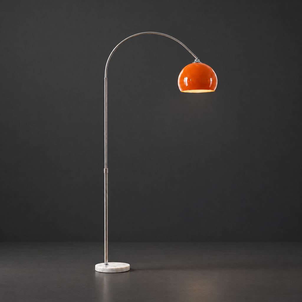 Arc Floor Lamp with Dome Shade on a dark charcoal grey studio backdrop