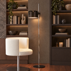 Adjustable Black Arc Floor Lamp in a styled room setting