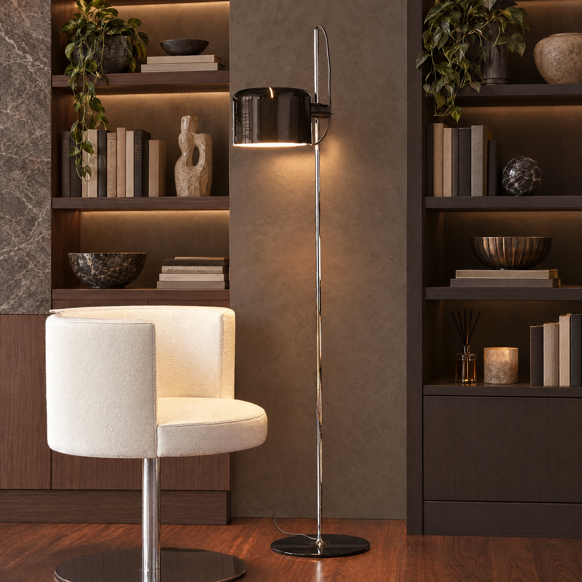 Adjustable Black Arc Floor Lamp in a styled room setting
