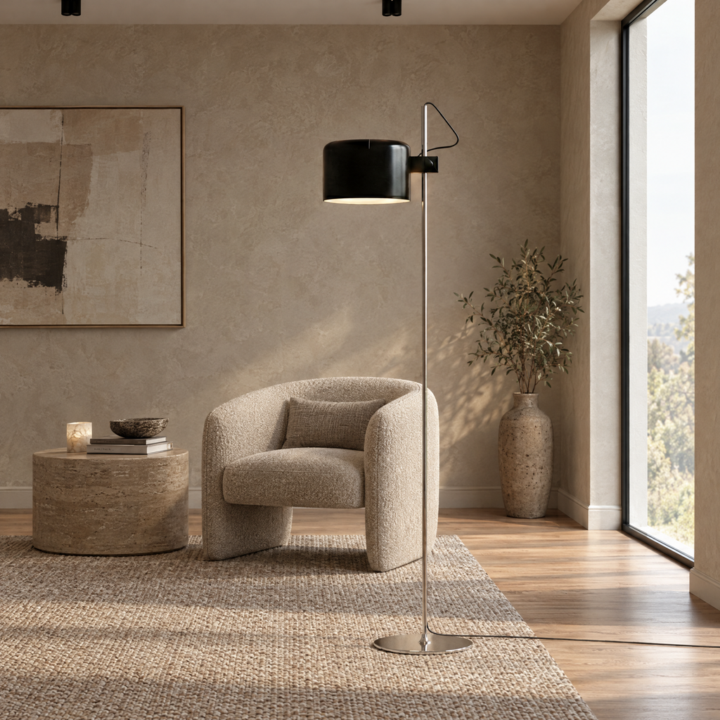 Adjustable Black Arc Floor Lamp in a styled room setting
