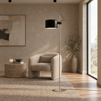 Adjustable Black Arc Floor Lamp in a styled room setting