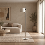 Adjustable Black Arc Floor Lamp in a styled room setting