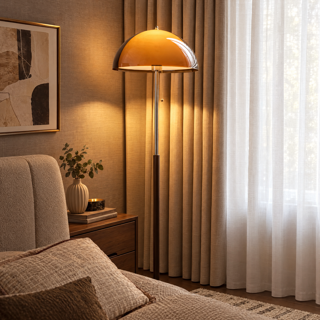 Amber Acrylic Dome Floor Lamp in a styled room setting