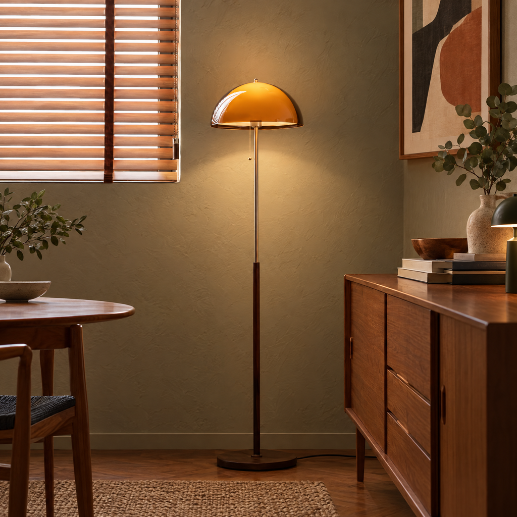 Amber Acrylic Dome Floor Lamp in a styled room setting