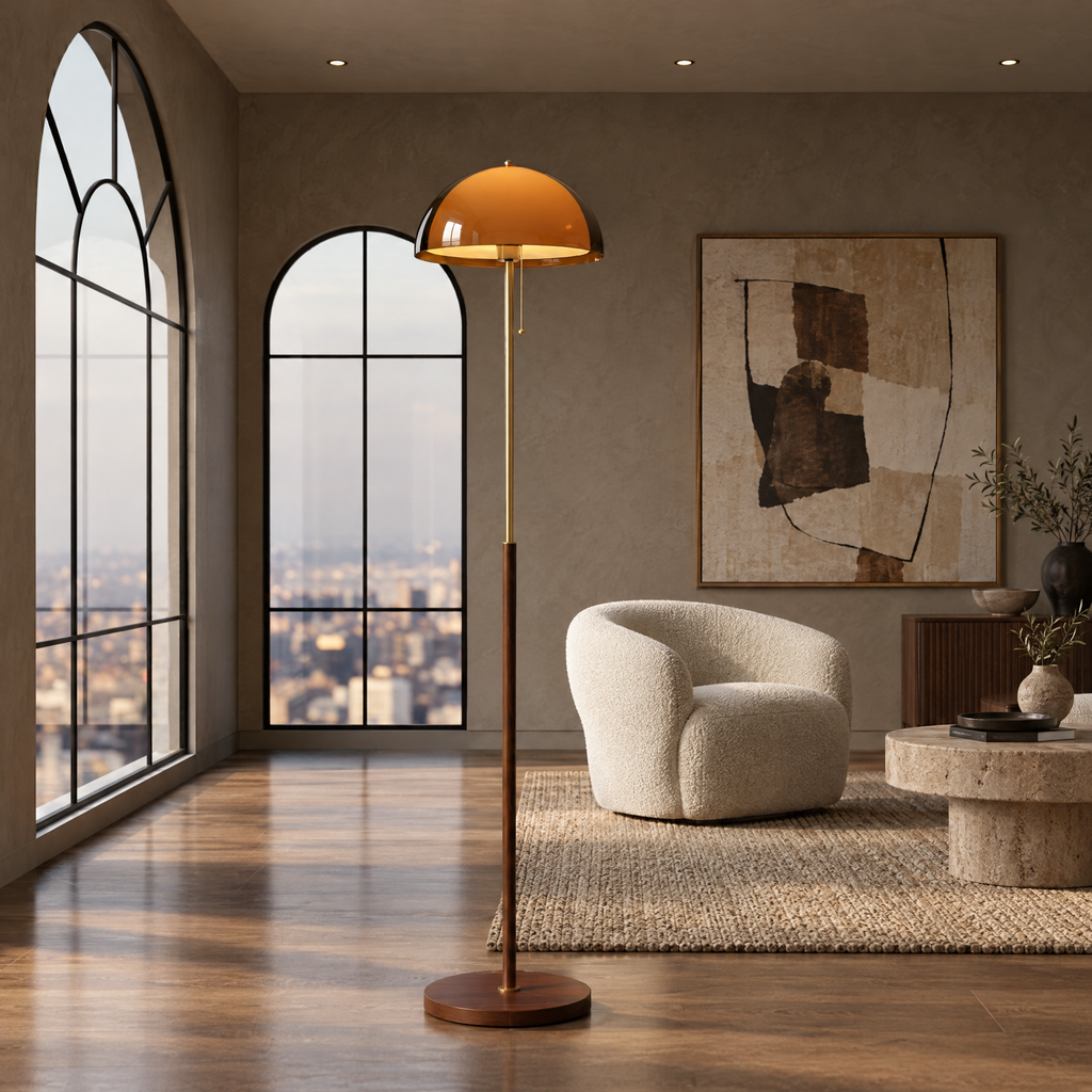 Amber Acrylic Dome Floor Lamp in a styled room setting