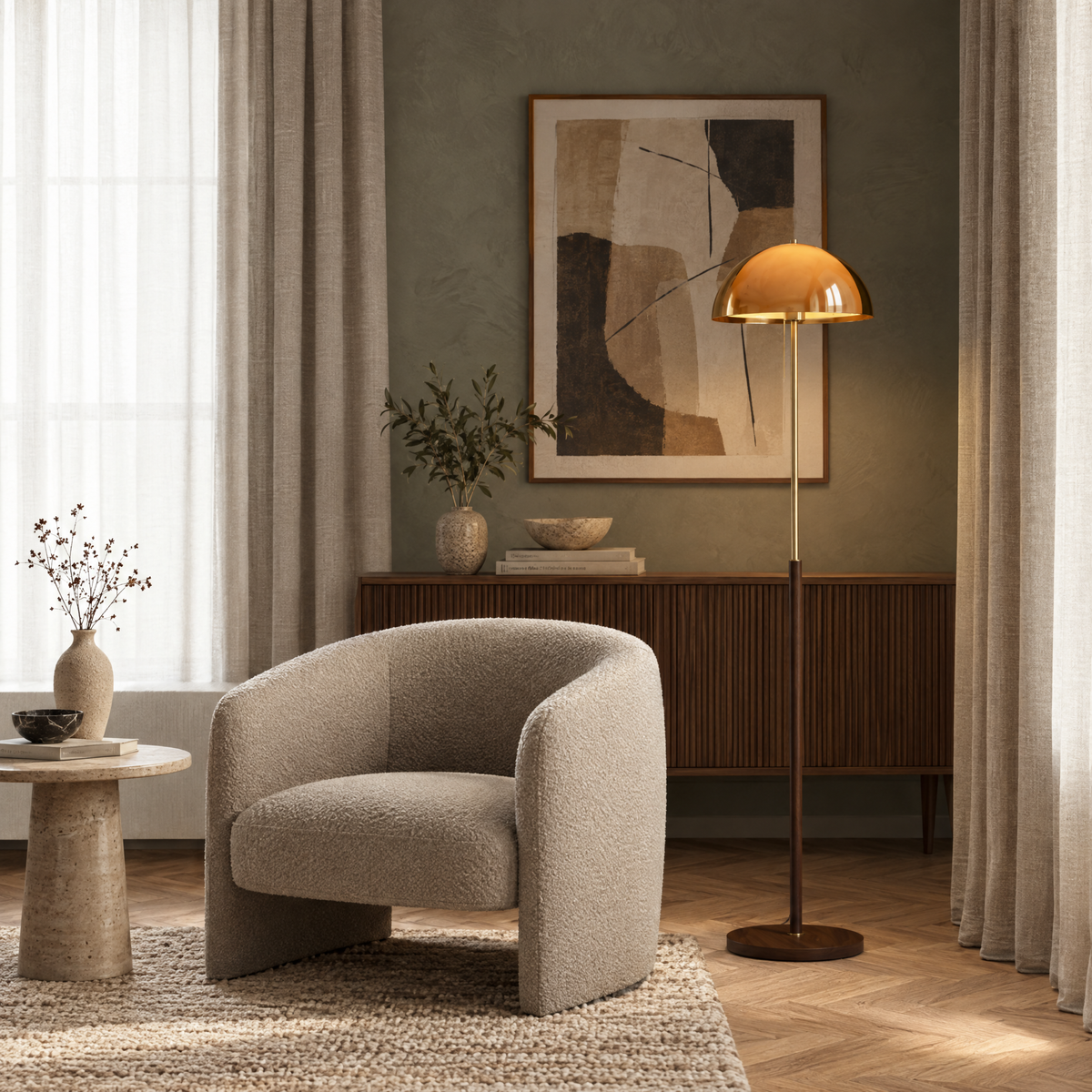 Amber Acrylic Dome Floor Lamp in a styled room setting