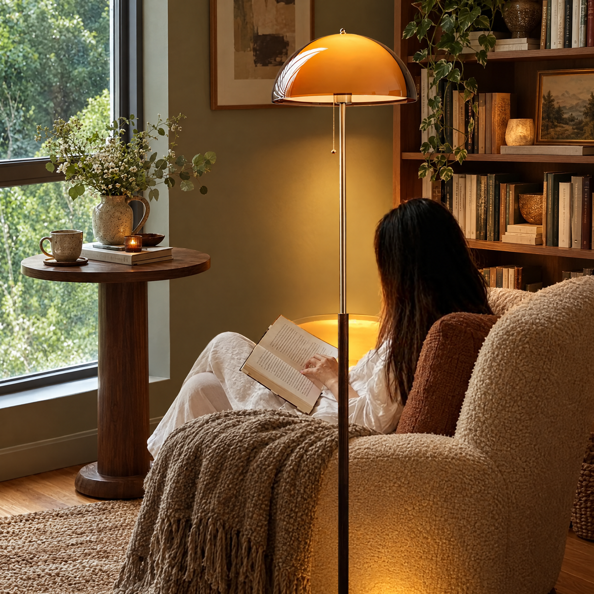 Amber Acrylic Dome Floor Lamp in a styled room setting