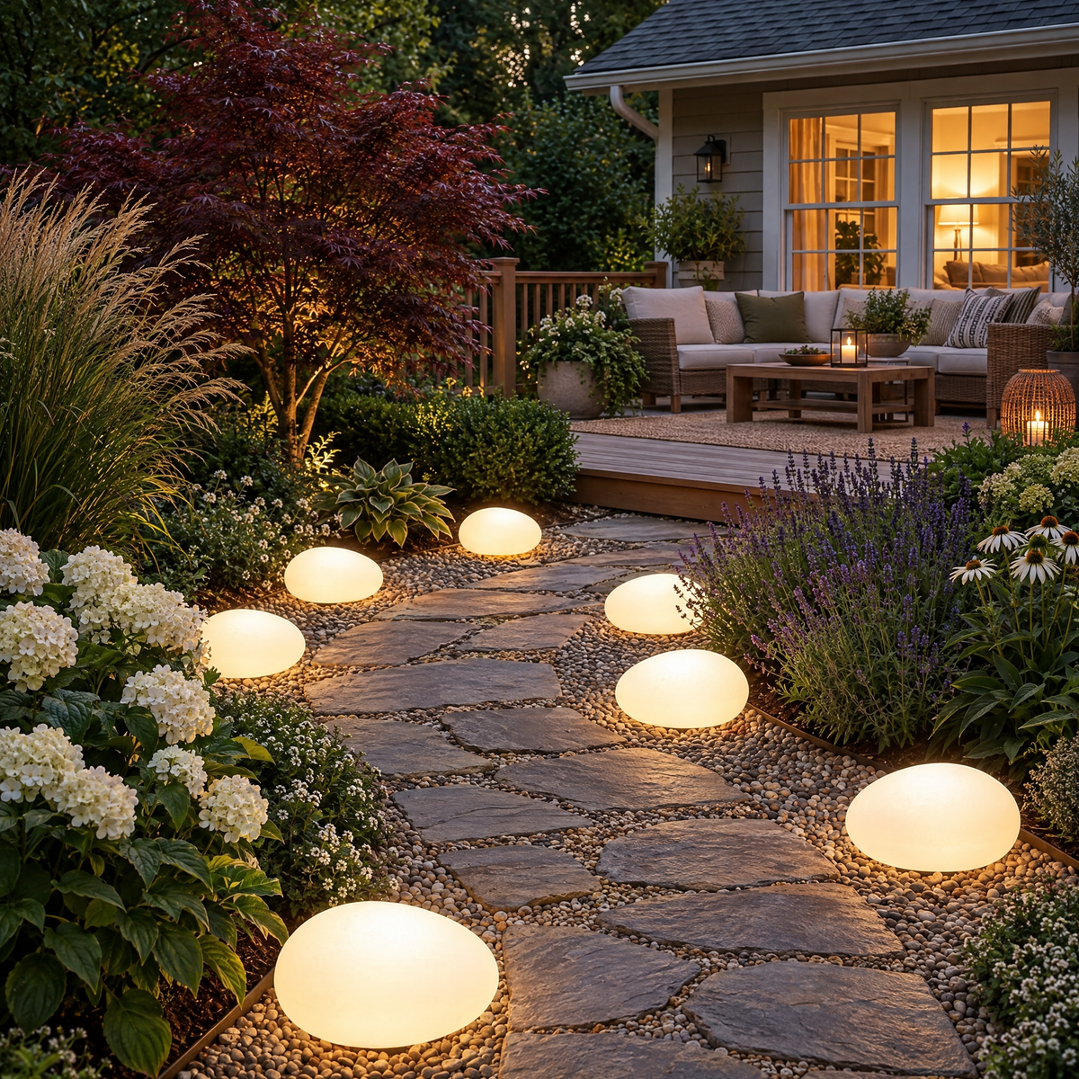 Solar Pebble Stone Garden Lights in a styled outdoor setting