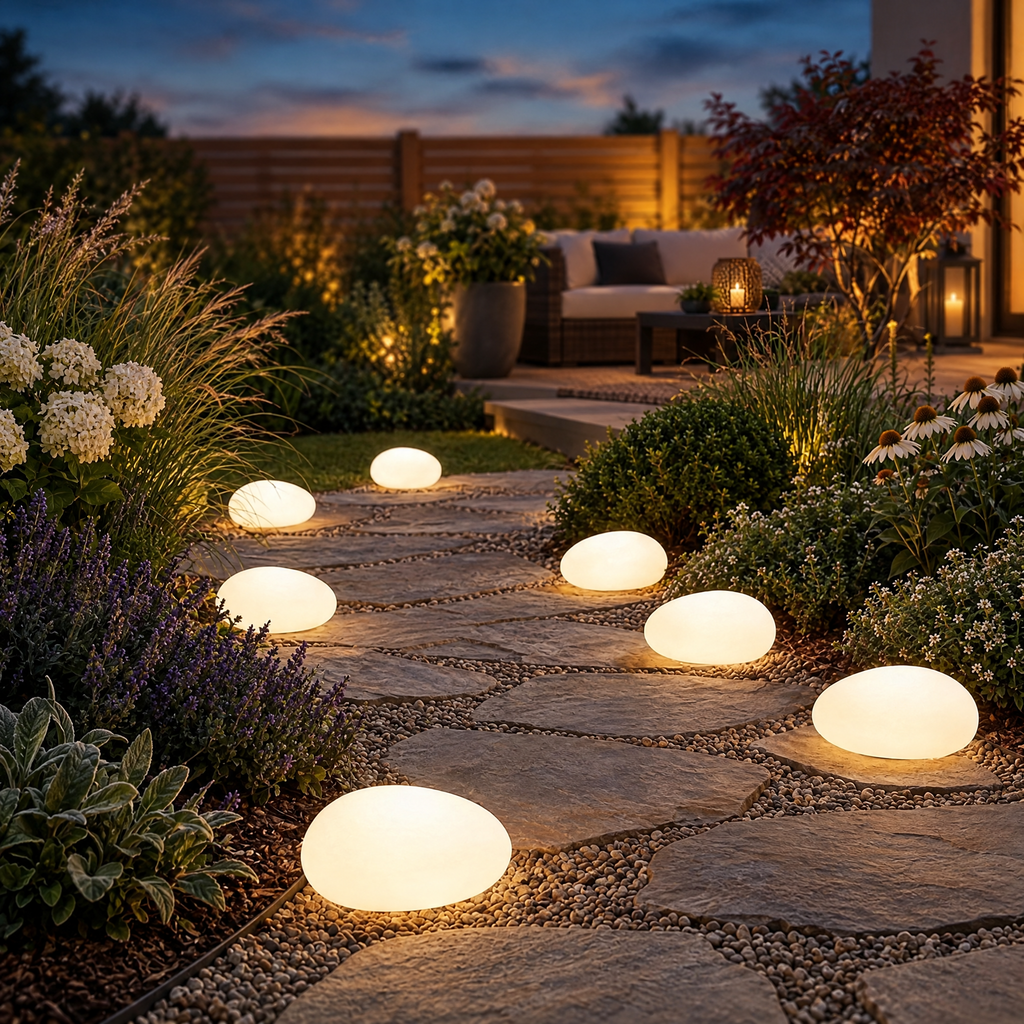 Solar Pebble Stone Garden Lights in a styled outdoor setting