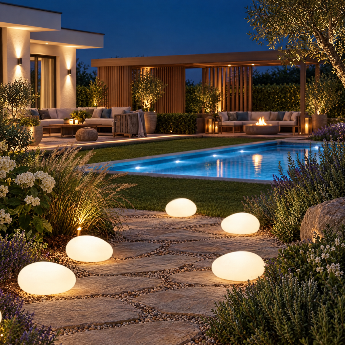 Solar Pebble Stone Garden Lights in a styled outdoor setting