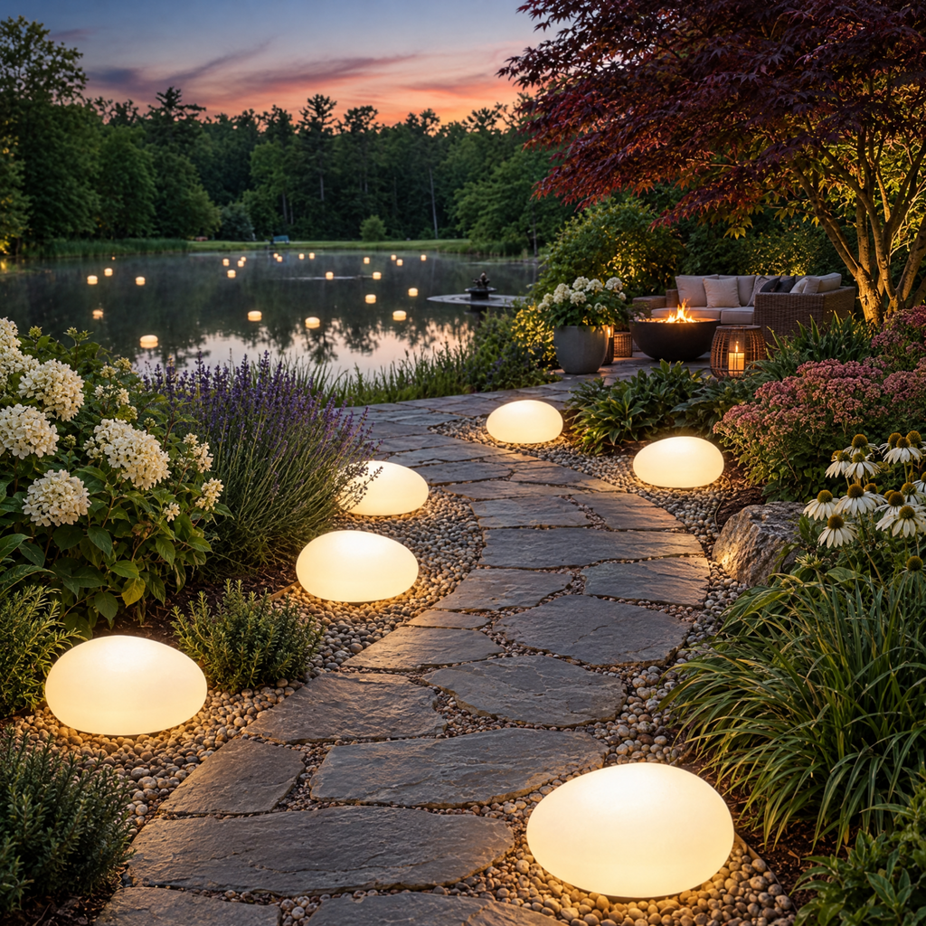 Solar Pebble Stone Garden Lights in a styled outdoor setting