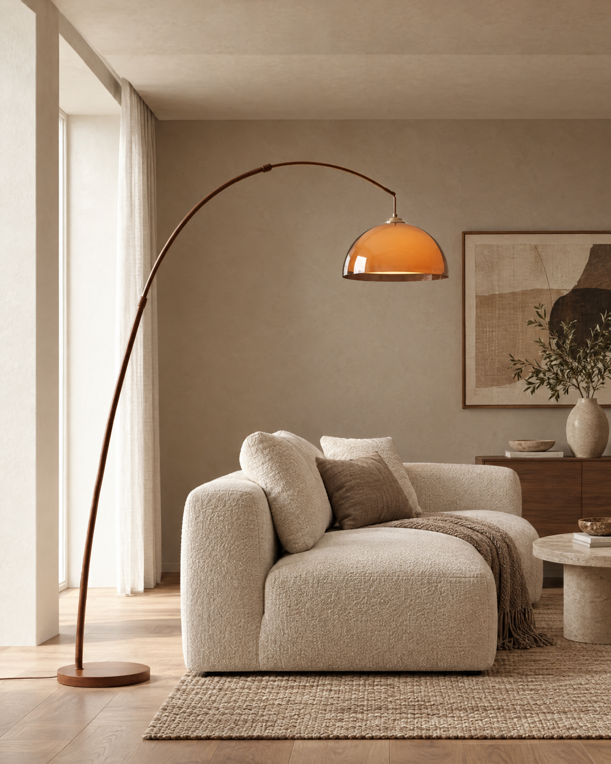 Adjustable Arc Floor Lamp with Warm Dome Shade in a styled room setting