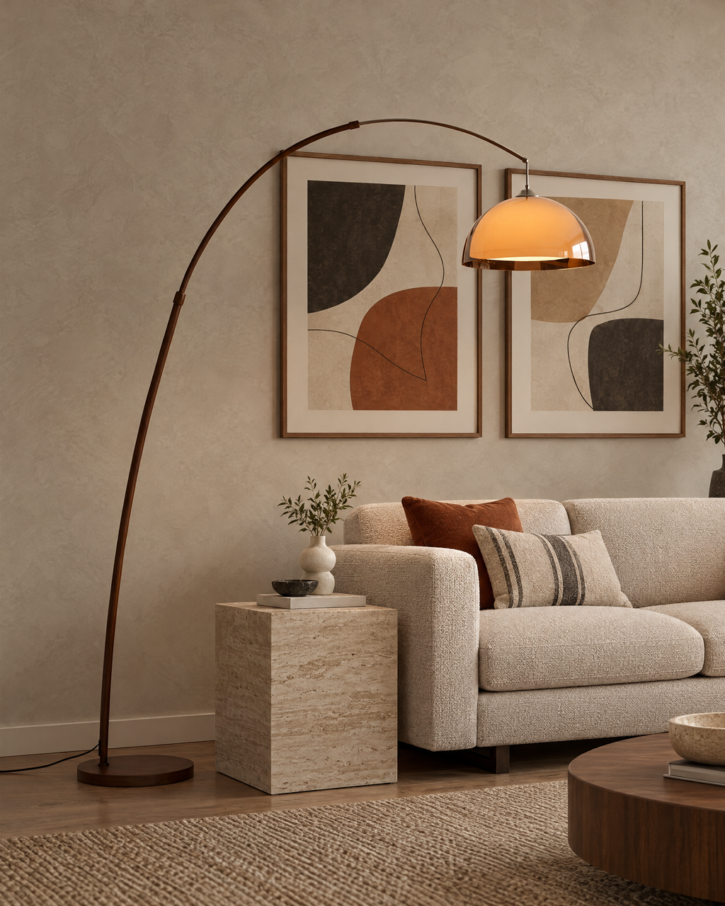 Adjustable Arc Floor Lamp with Warm Dome Shade in a styled room setting