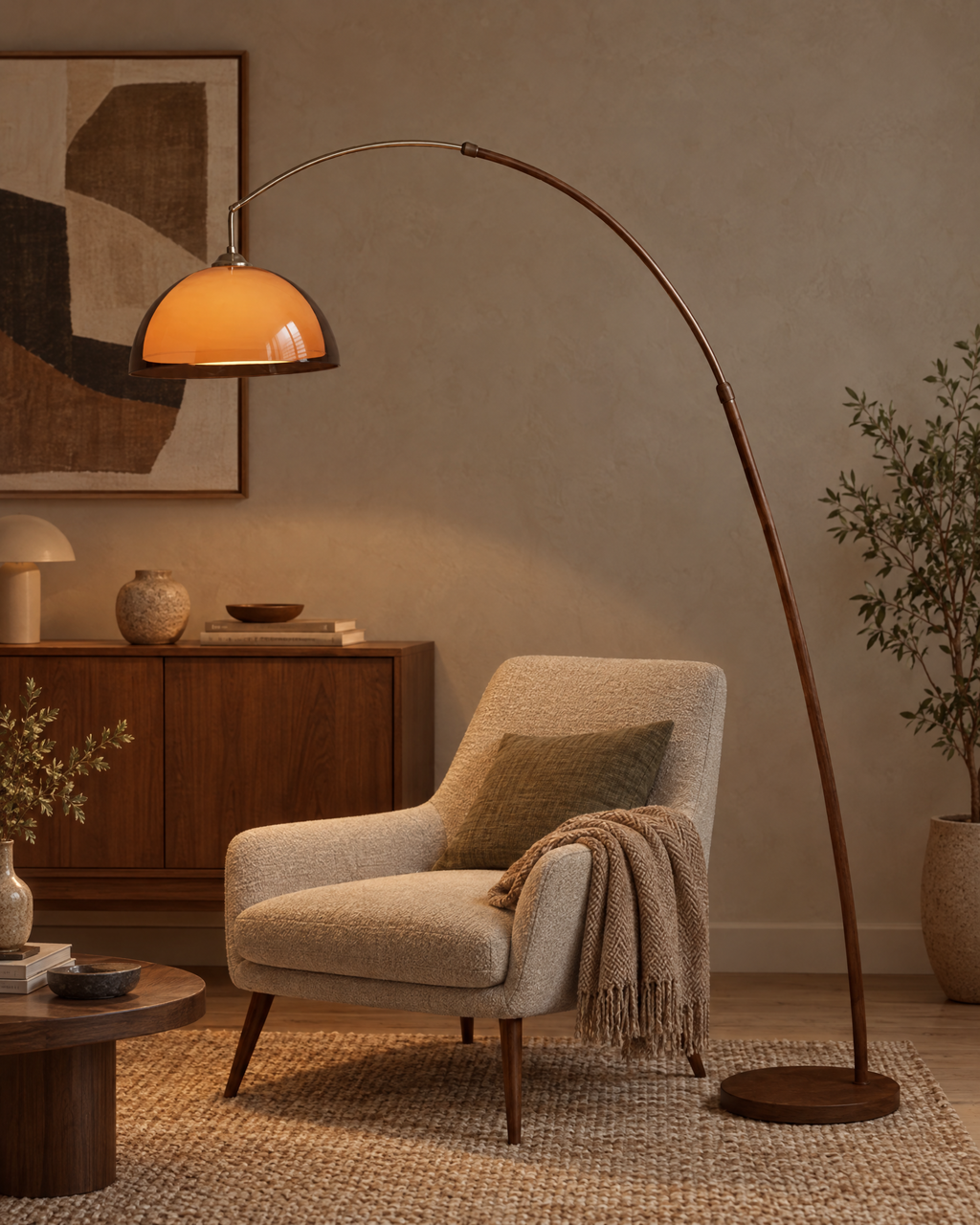 Adjustable Arc Floor Lamp with Warm Dome Shade in a styled room setting