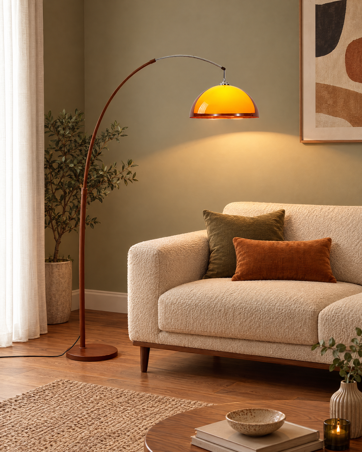 Adjustable Arc Floor Lamp with Warm Dome Shade in a styled room setting