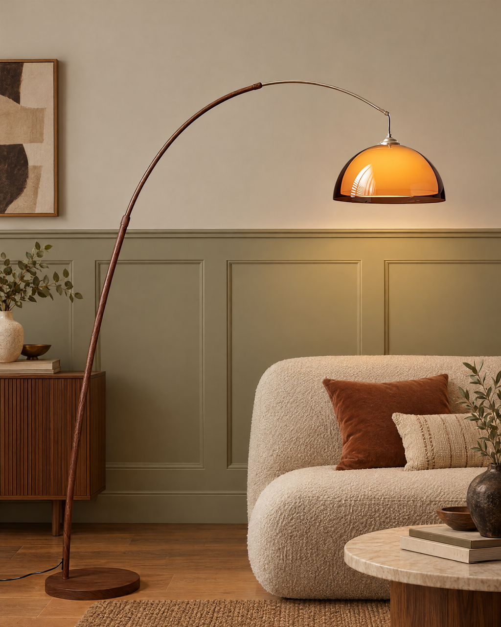 Adjustable Arc Floor Lamp with Warm Dome Shade in a styled room setting