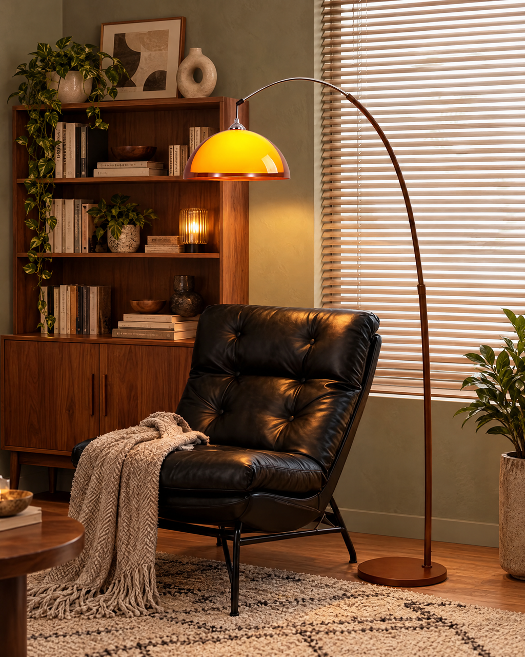 Adjustable Arc Floor Lamp with Warm Dome Shade in a styled room setting