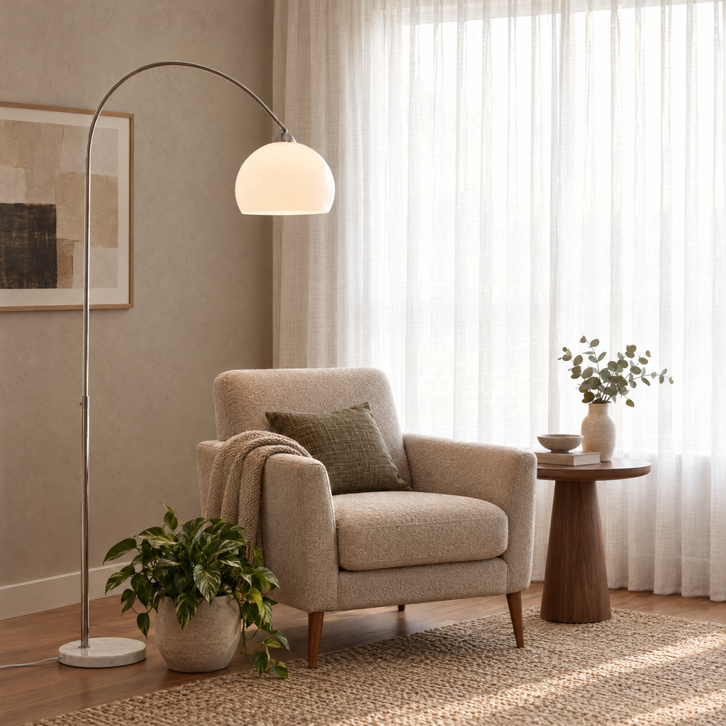Arc Floor Lamp with Dome Shade in a styled room setting