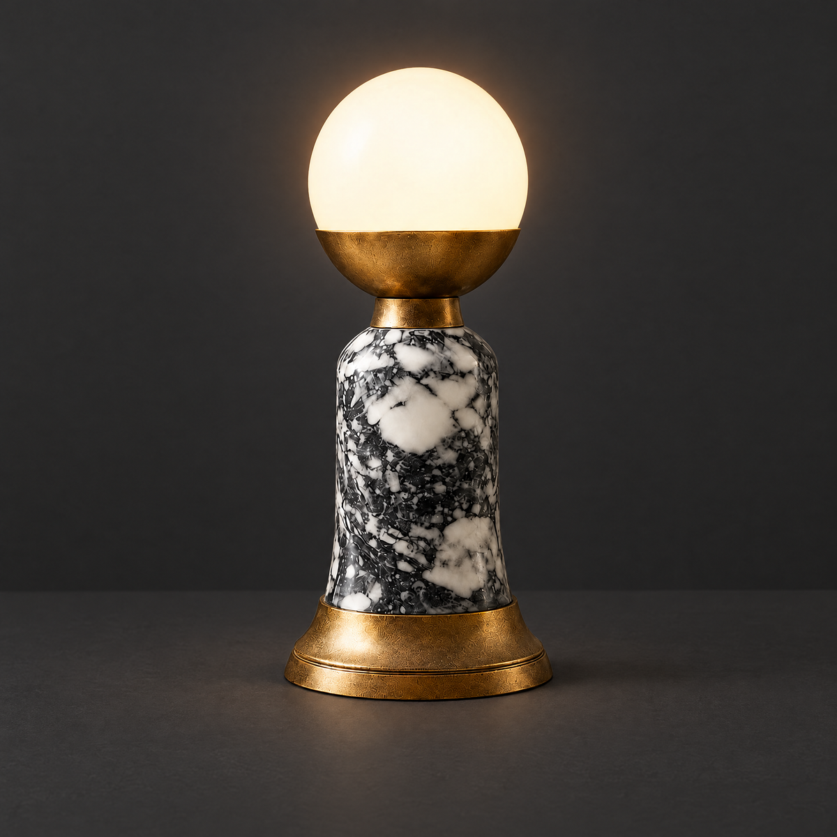 Grey Marble Table Lamp with Opaline Globe on a dark charcoal grey studio backdrop