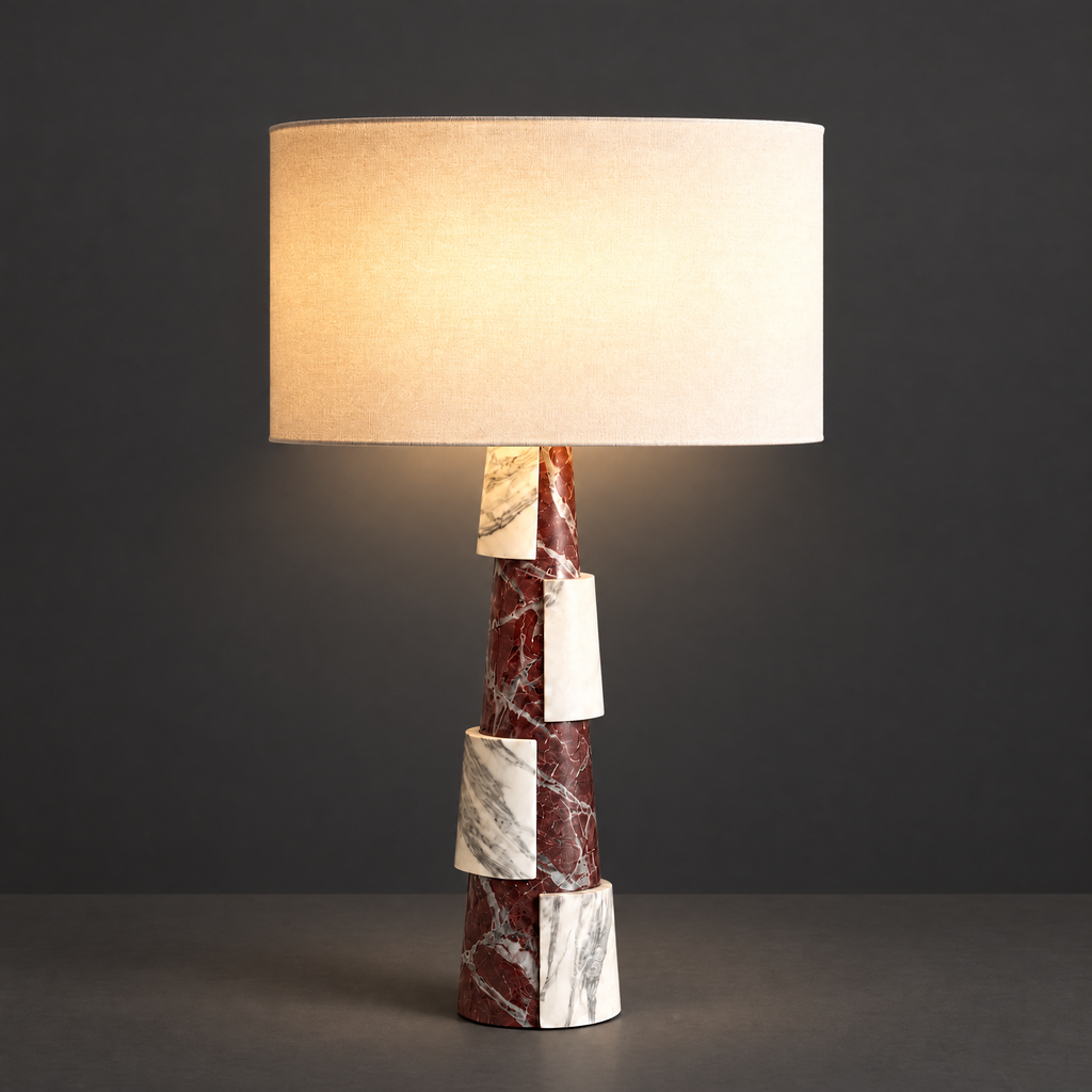 Burgundy and White Marble Tiered Table Lamp on a dark charcoal grey studio backdrop