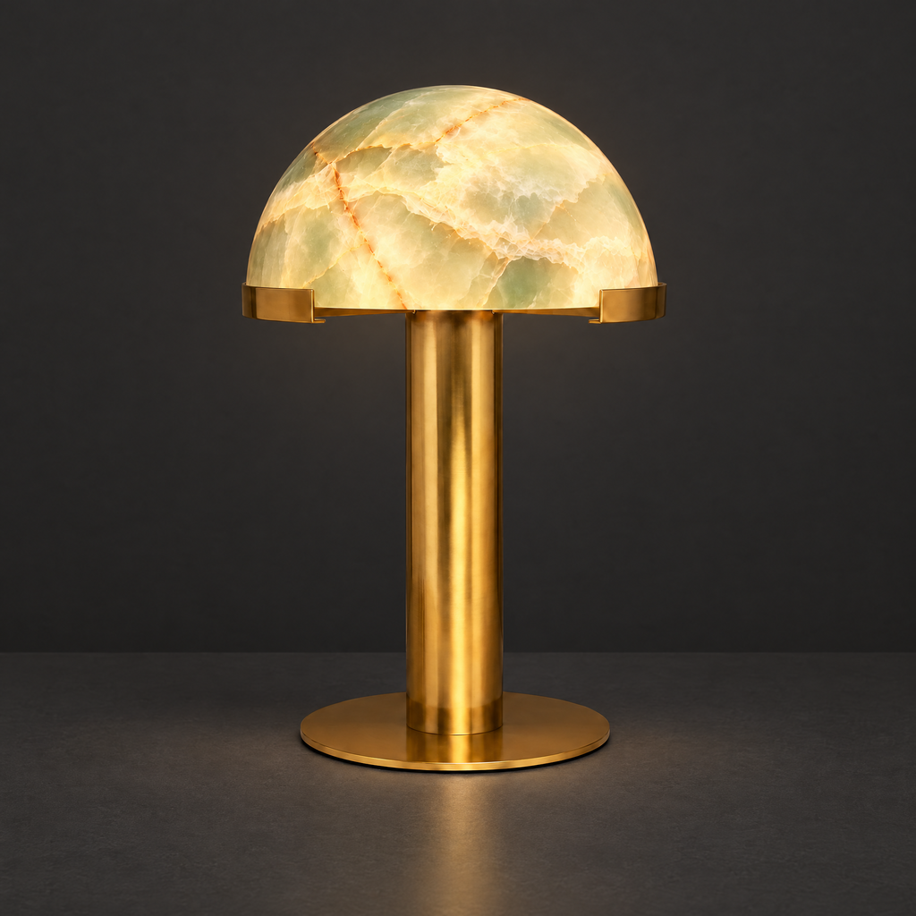Green Onyx Dome Table Lamp with Brass Base on a dark charcoal grey studio backdrop