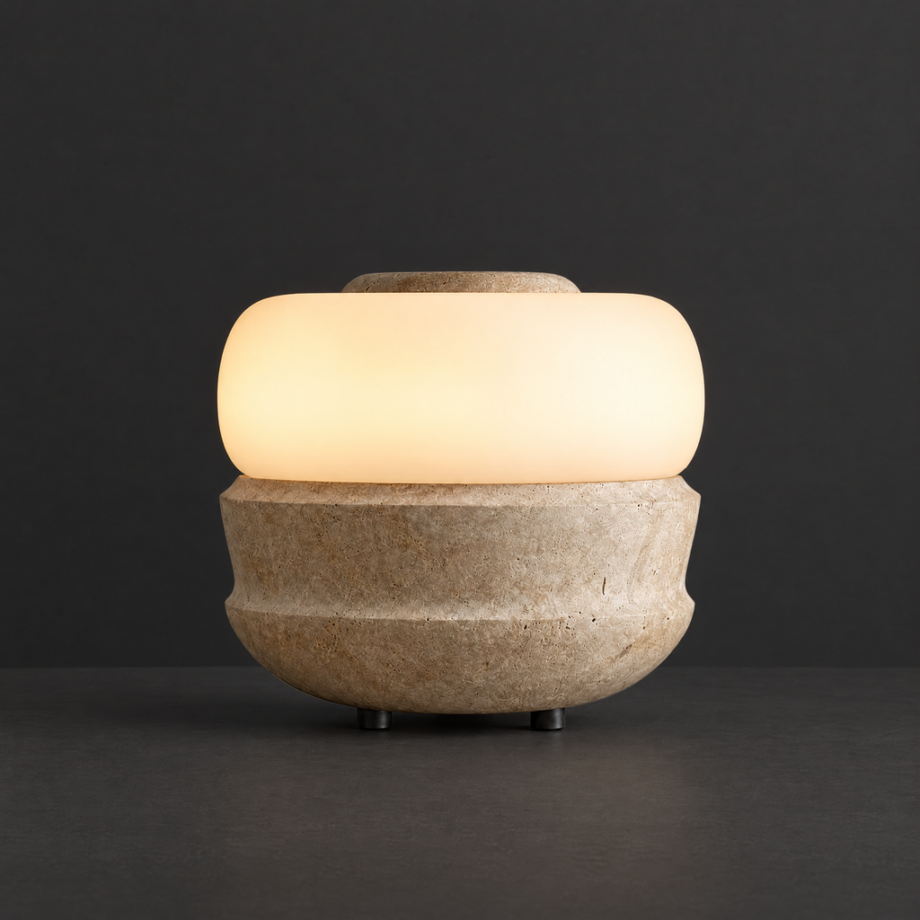 Stone Base Table Lamp with Frosted Glass Drum on a dark charcoal grey studio backdrop