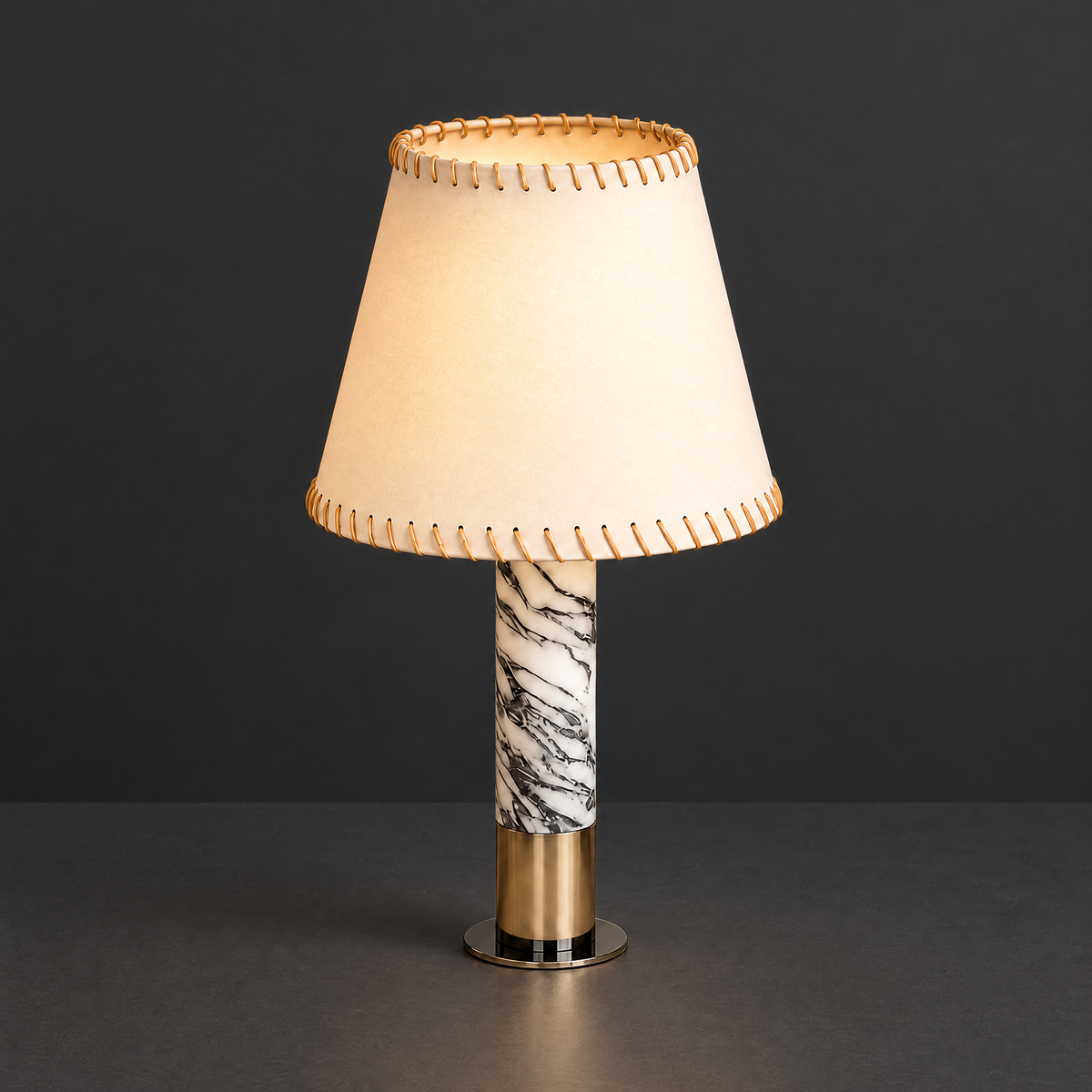 Marble Table Lamp with Hand-Stitched Shade on a dark charcoal grey studio backdrop