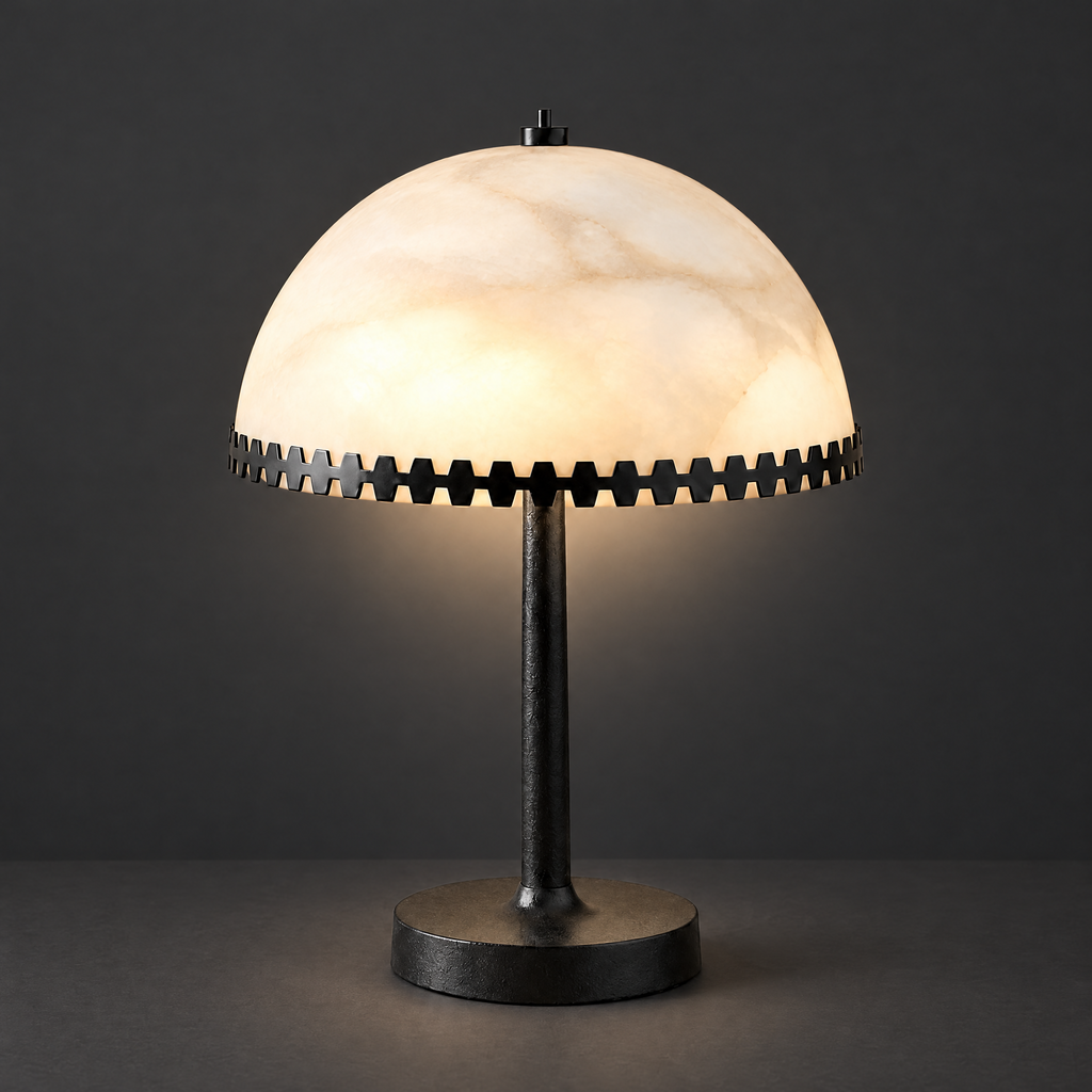 Alabaster Dome Table Lamp with Scalloped Steel Trim on a dark charcoal grey studio backdrop