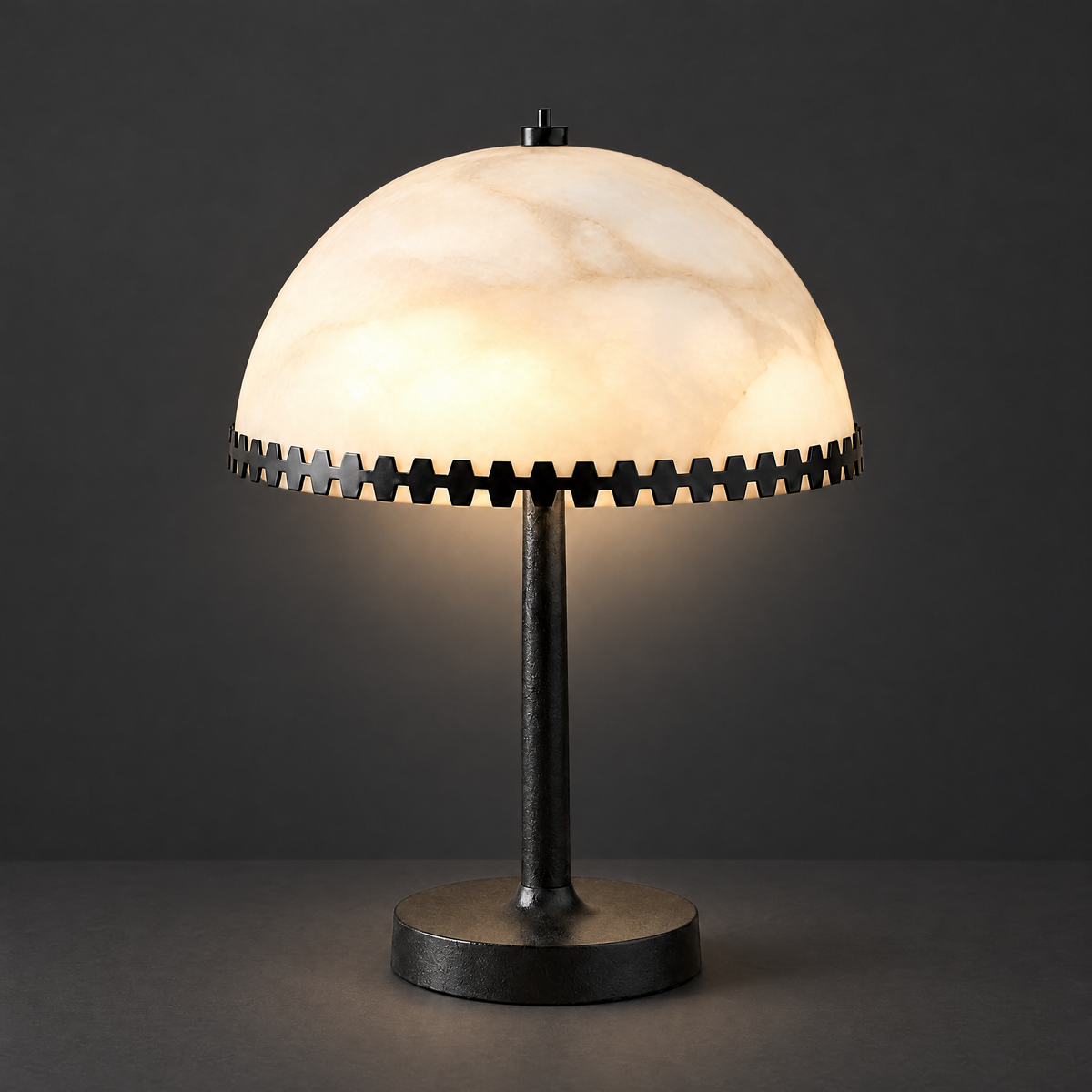Alabaster Dome Table Lamp with Scalloped Steel Trim on a dark charcoal grey studio backdrop
