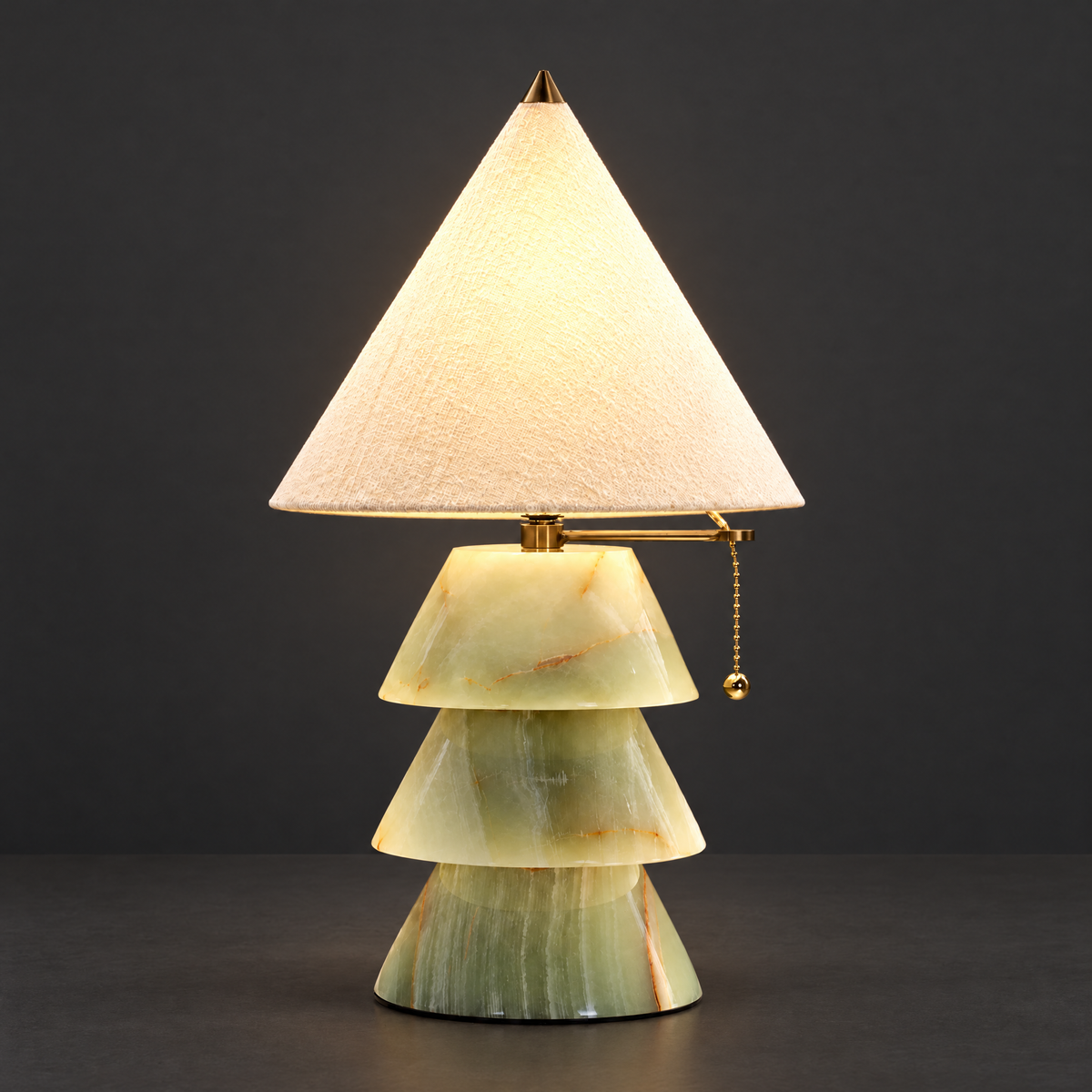 Tiered Green Onyx Pagoda Table Lamp on a dark charcoal grey studio backdrop