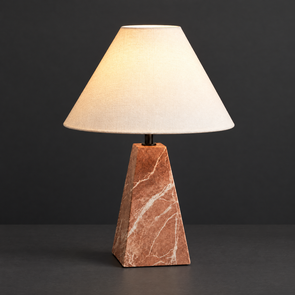 Red Marble Tapered Table Lamp with Fabric Shade on a dark charcoal grey studio backdrop
